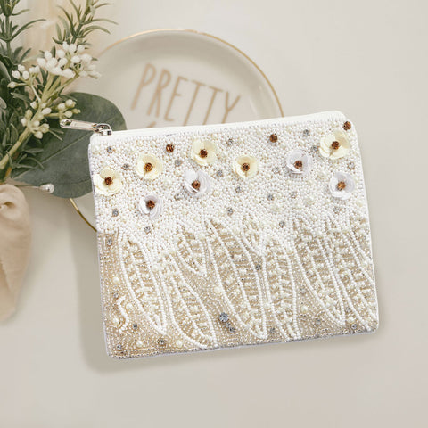 Pearl Sequin Beaded Flower Leaf Mini Pouch Bag
