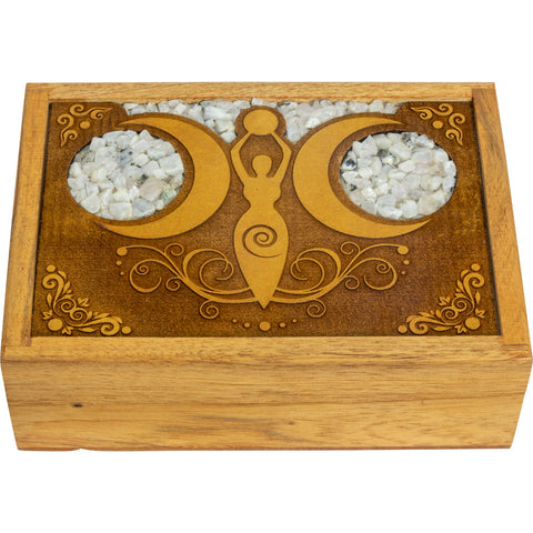 Moon Goddess Moonstone Wooden Box