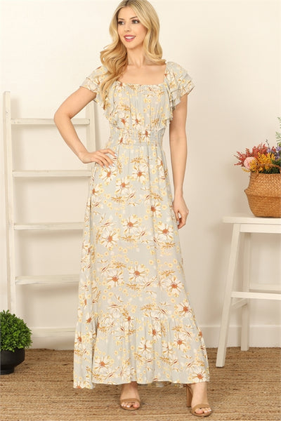 "In Bloom" Yellow Ruffle Floral Maxi Dress