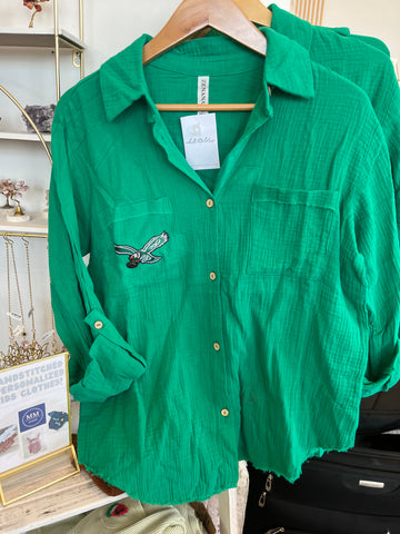 BIRDS Kelly Green Vintage Gauze Sheer Shacket