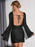 "Bell of The Ball" Bell Sleeve Sparkle Black Dress