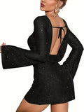 "Bell of The Ball" Bell Sleeve Sparkle Black Dress