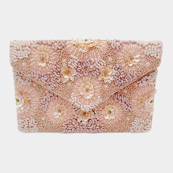 Sequined Beaded Flower Clutch