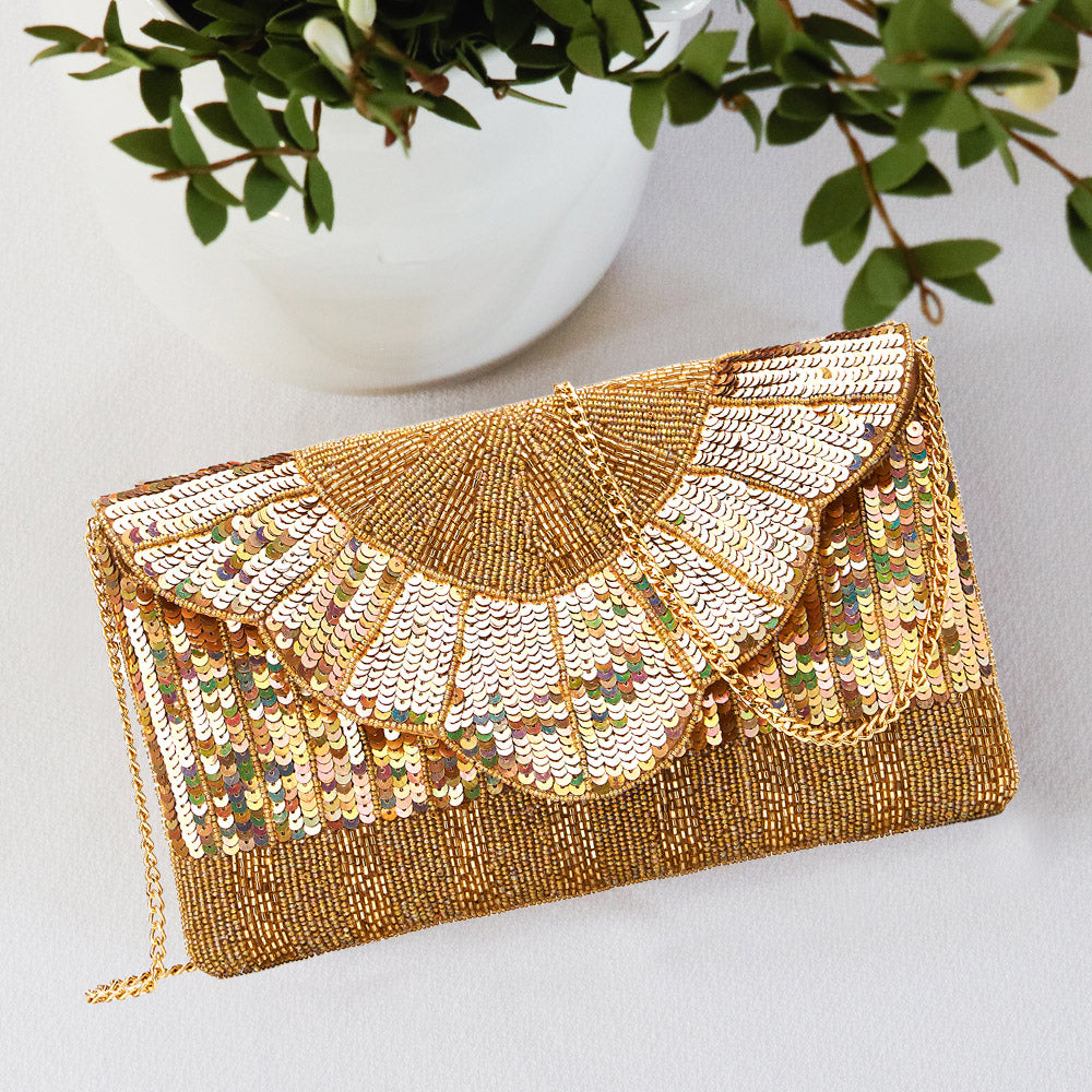 Gold Sequin Beaded Clutch – White Lotus