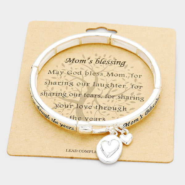"mom's Blessing" Metal Heart Charm Stretch bracelet