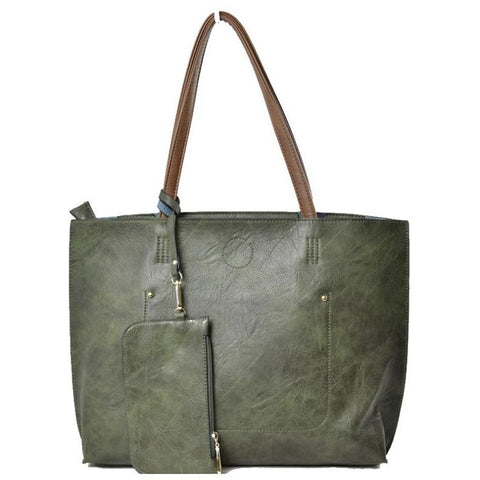 3 in 1 Vegan Tote Bag: Dark Green/Brown