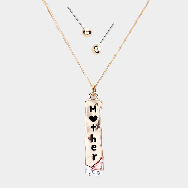 "Mom" Metal Bar Necklace with Earrings