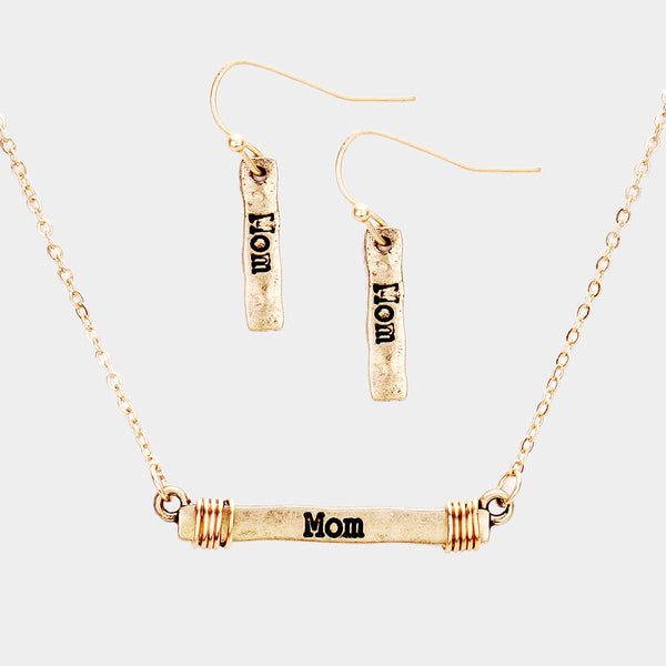 "Mom" Horizontal Bar Necklace with Earrings