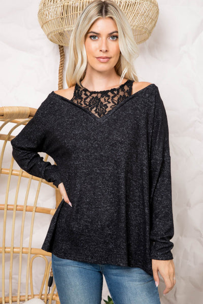 "Draw You In" Black Lace Long Sleeve Top