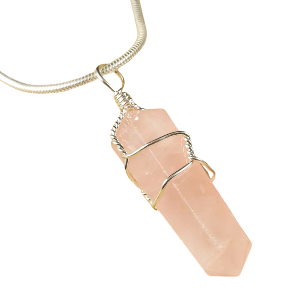 Wire Wrapped Rose Quartz Crystal Pendant Necklace