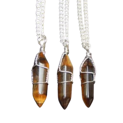Wire Wrapped Tiger's Eye Crystal Pendant Necklace