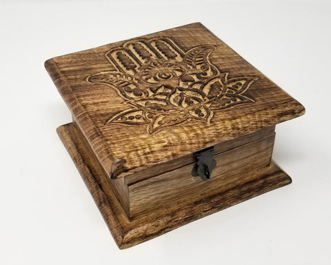 Lotus Hamsa Hand Carved Wood Box